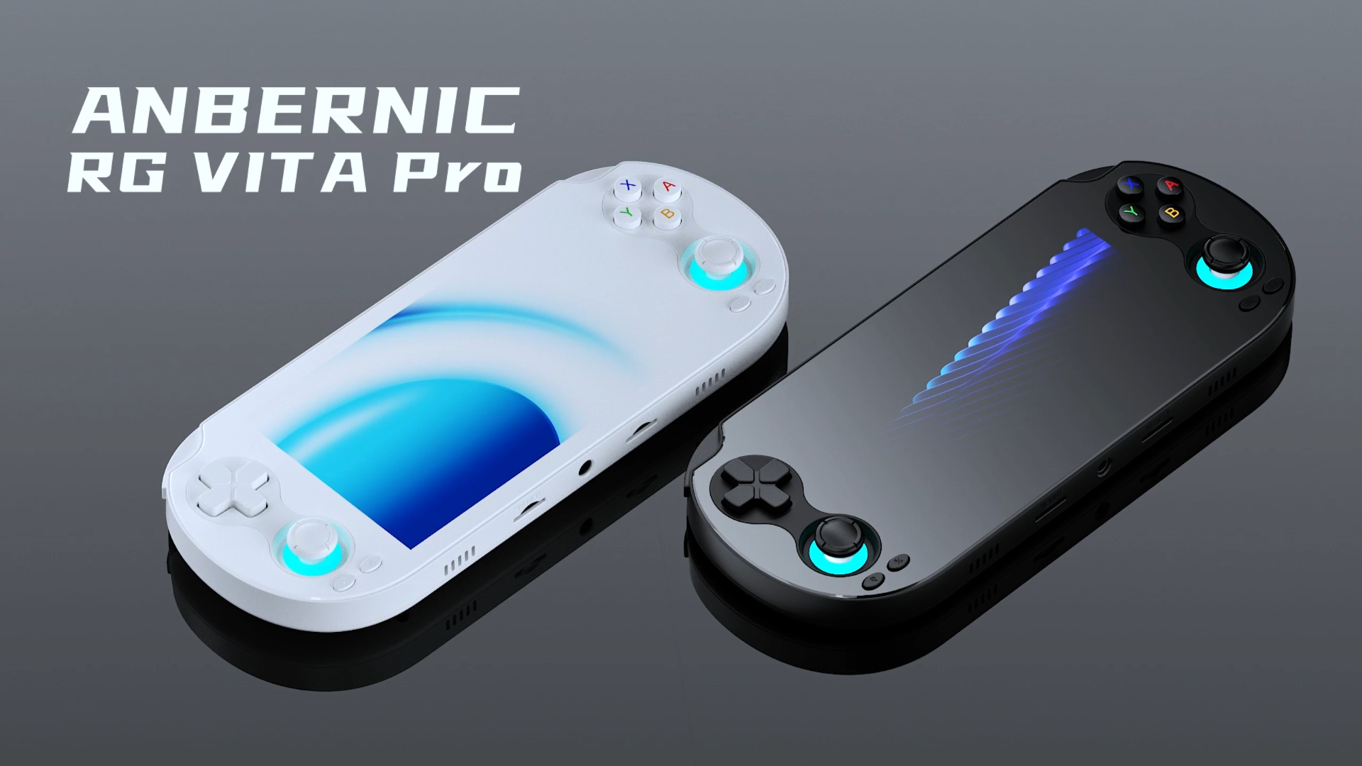 Anbernic RG VITA Pro handheld gaming consoles in White and Black.