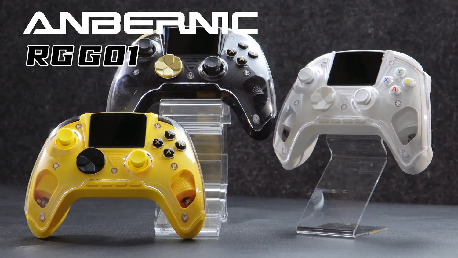 Three ANBERNIC RG G01 controllers displayed on clear stands: one vibrant yellow, one transparent black with a gold directional pad, and one sleek white. Each controller features an integrated smart screen at the top center.
