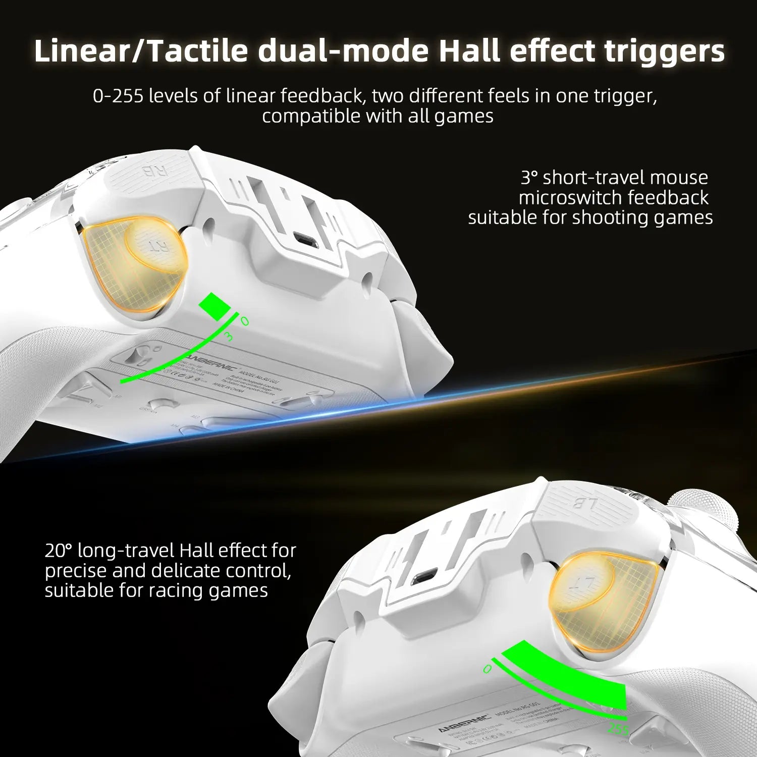 Linear and tactile dual-mode Hall effect triggers for racing and shooting games