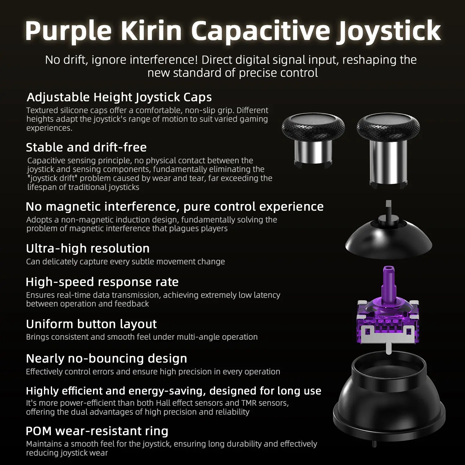Purple Kirin capacitive joystick with anti-drift technology and adjustable height