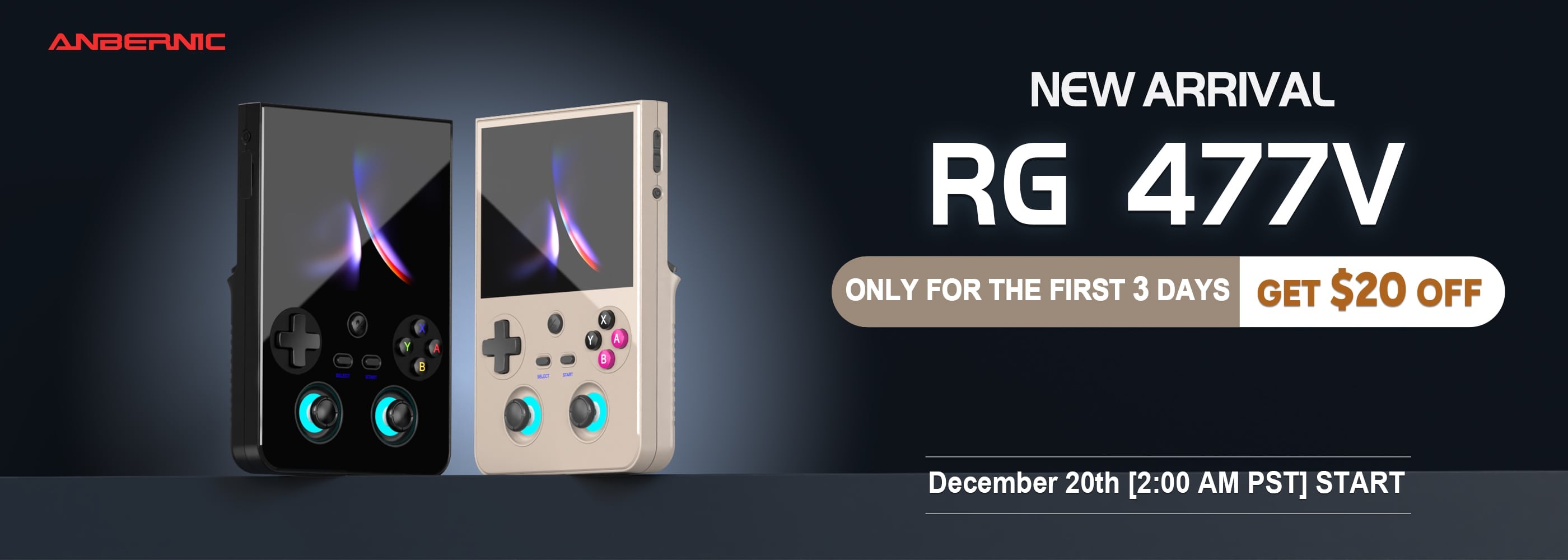 Official launch sale banner for Anbernic RG 477V with limited time discount offer