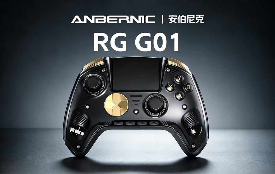 Front view of the ANBERNIC RG G01 device featuring a premium black and gold color scheme with textured grips and an integrated high-definition control screen.