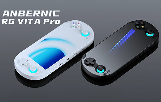 A product image of the Anbernic RG VITA Pro handheld console in both black and white. It showcases the sleek, rounded body design, classic button layout, and futuristic blue illuminated thumbsticks.