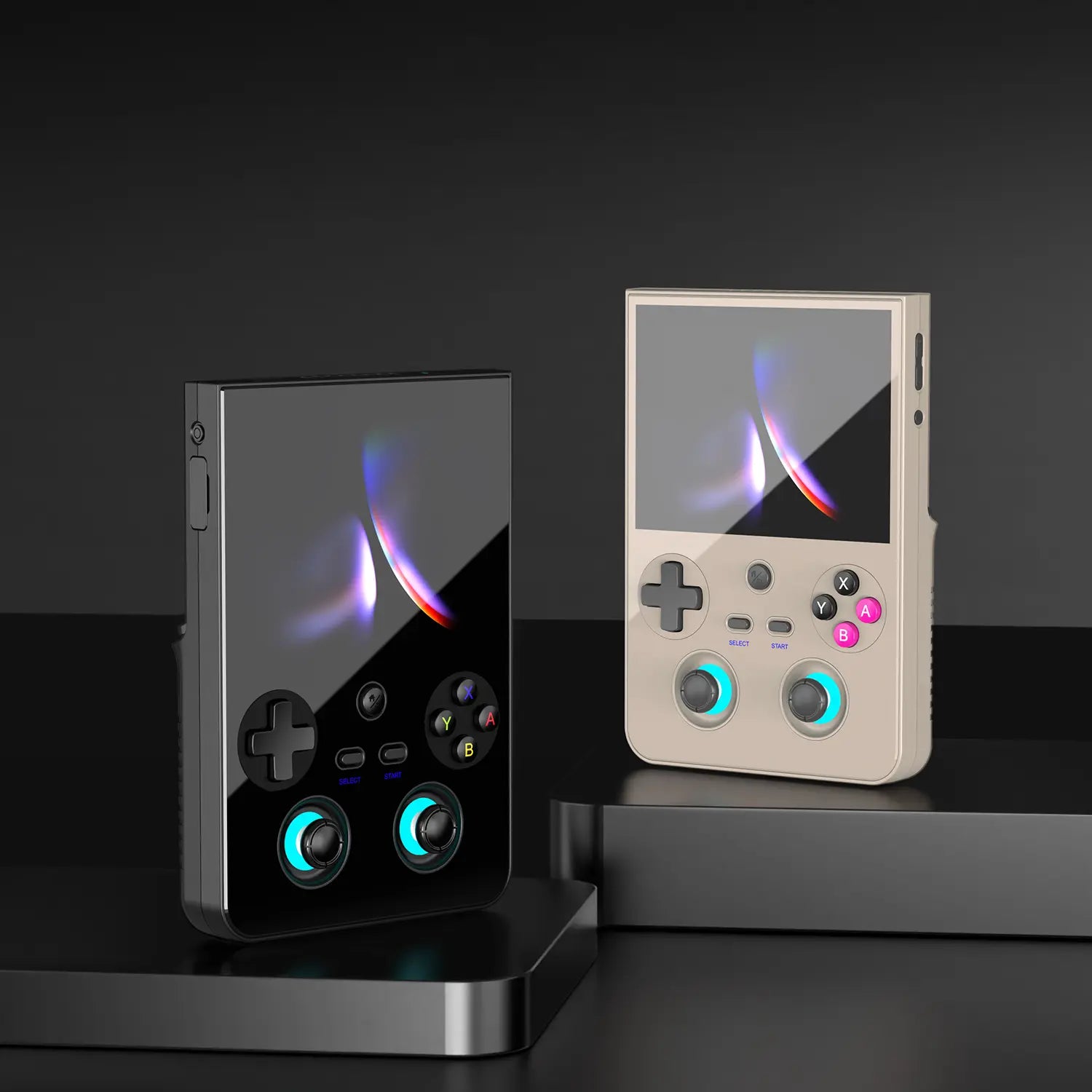 RG 477V vertical handheld console shown in black and beige options, featuring a 4.7-inch full-screen display and running Android 14.