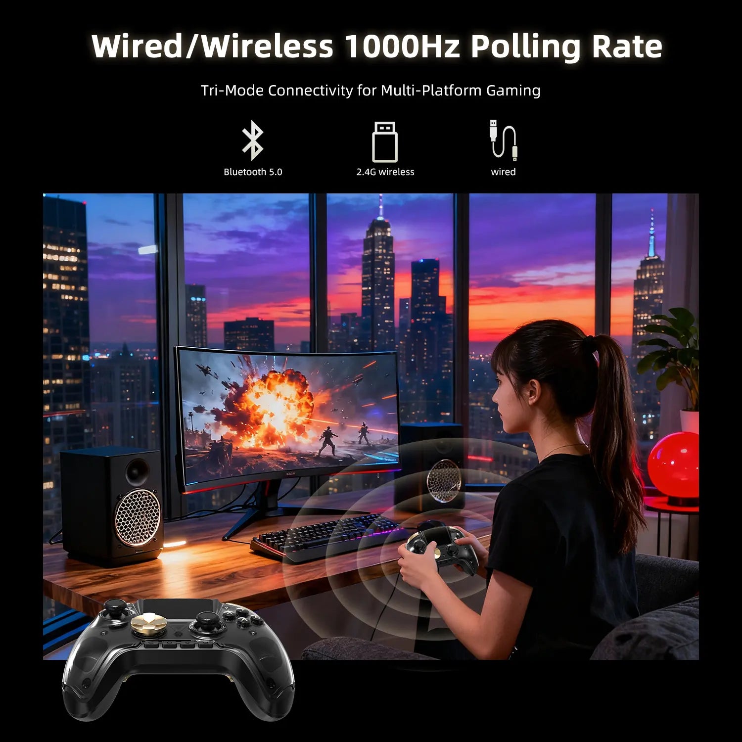 Tri-mode wireless game controller with 1000Hz polling rate, Bluetooth 5.0, and 2.4G connectivity for low latency