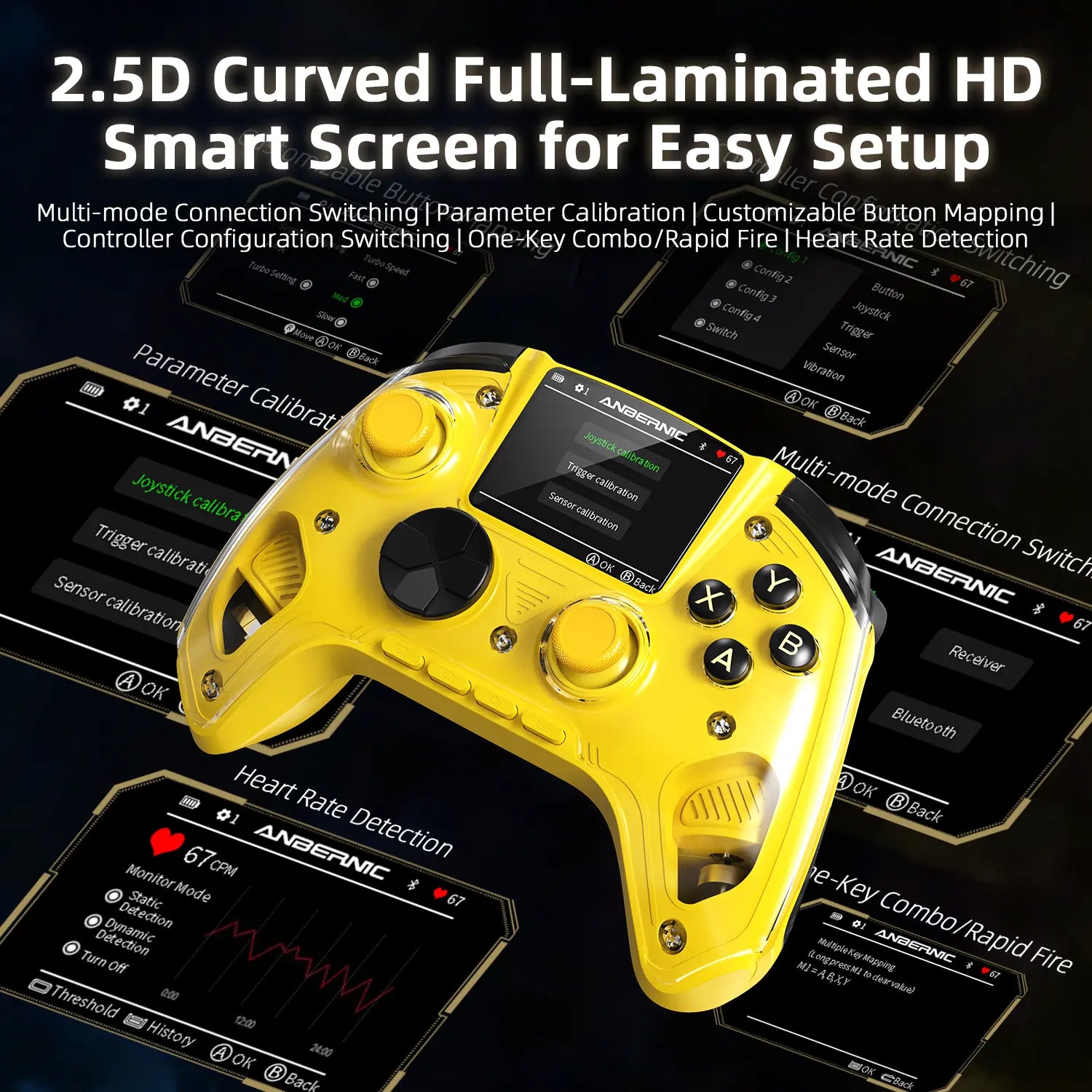 2.5D curved full-laminated HD smart screen for controller setup and heart rate detection