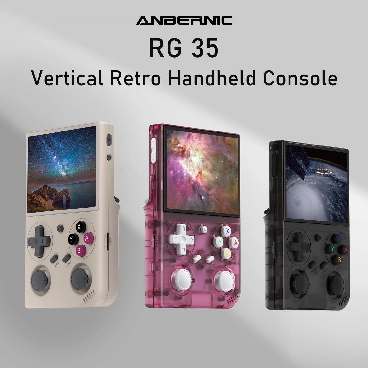ANBERNIC RG35 vertical retro handheld consoles in beige, translucent pink, and black