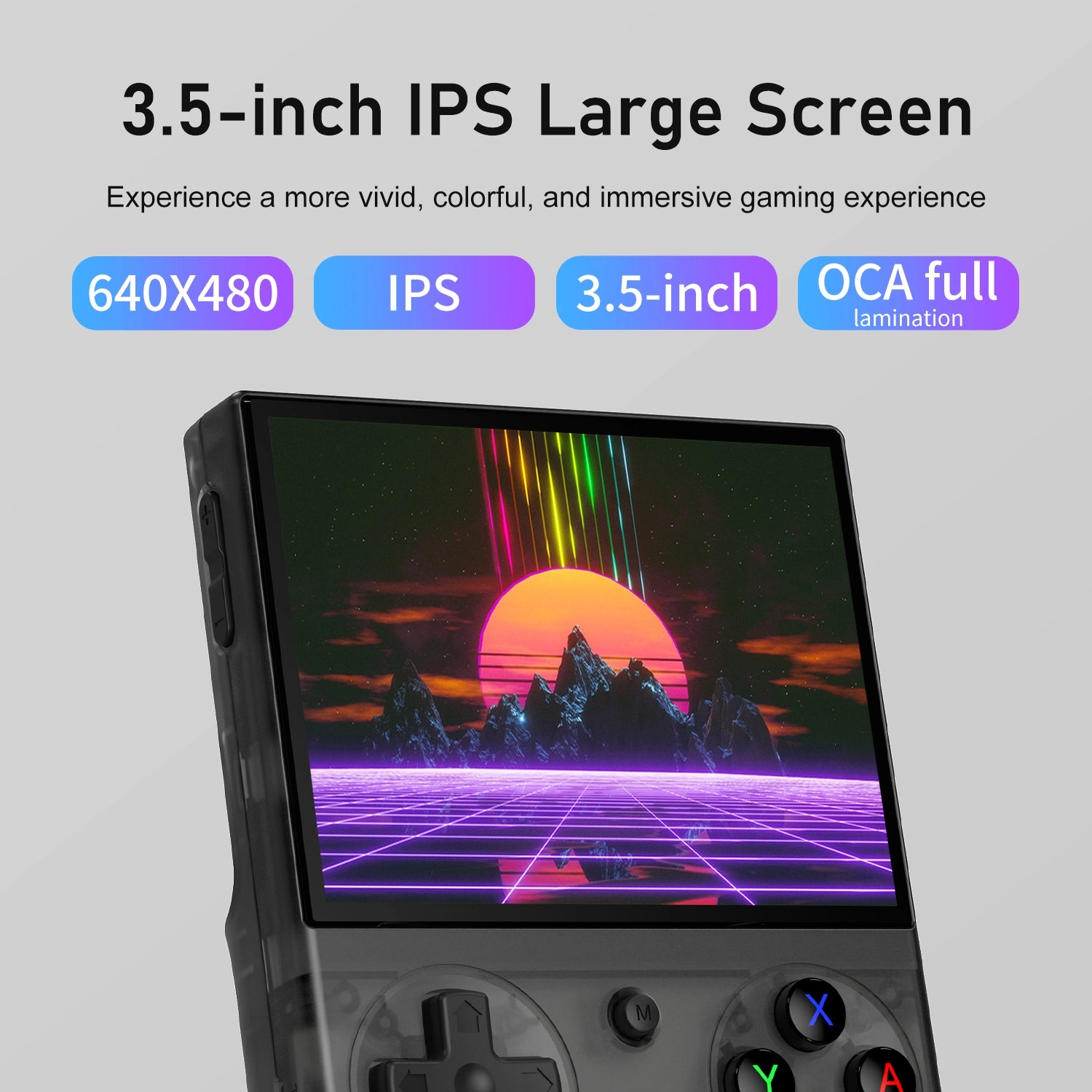 Handheld gaming console with 3.5-inch IPS screen showing colorful retro landscape, D-pad and XYAB buttons