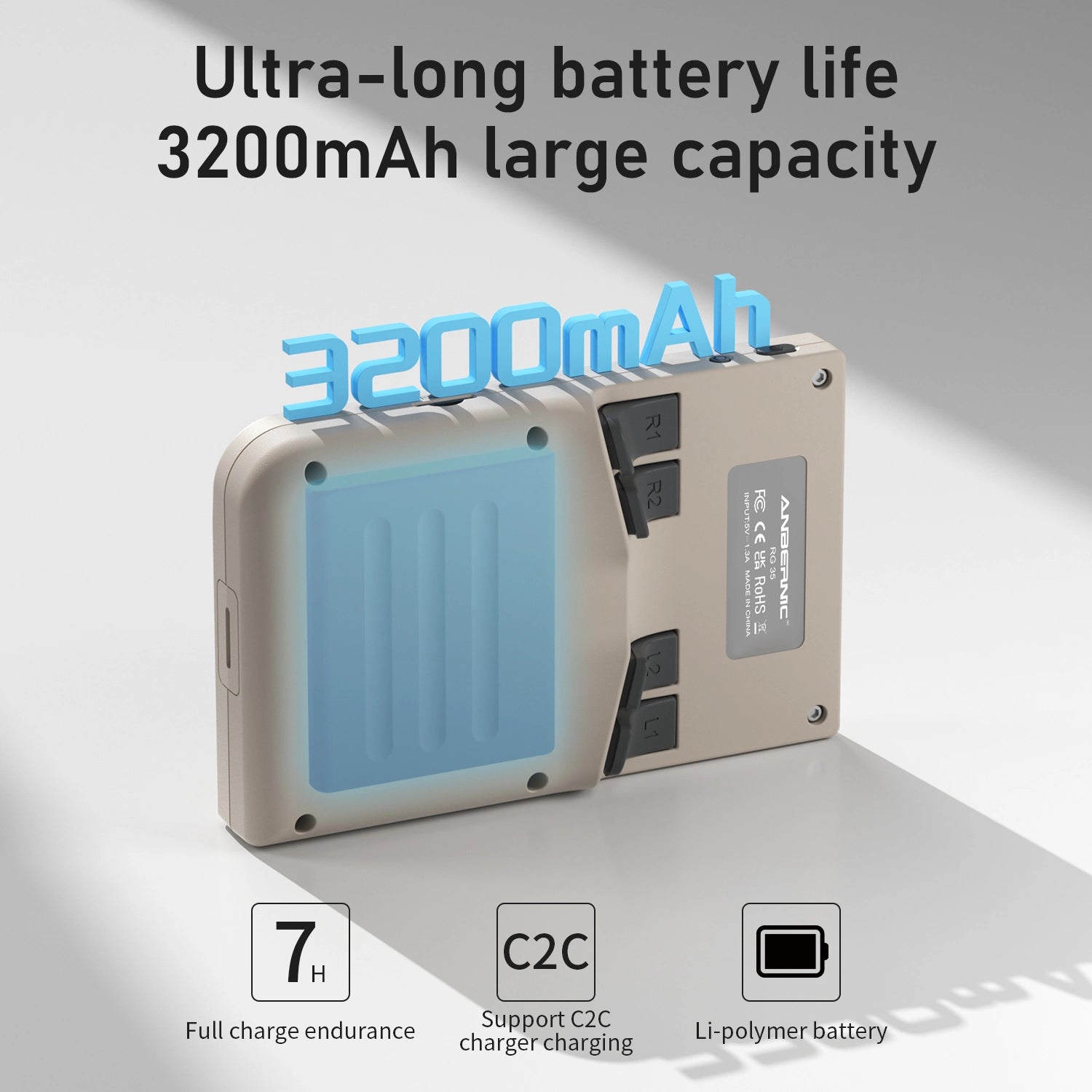 Beige ANBERNIC device with 3200mAh battery, 7H full charge endurance, C2C charging and Li-polymer battery