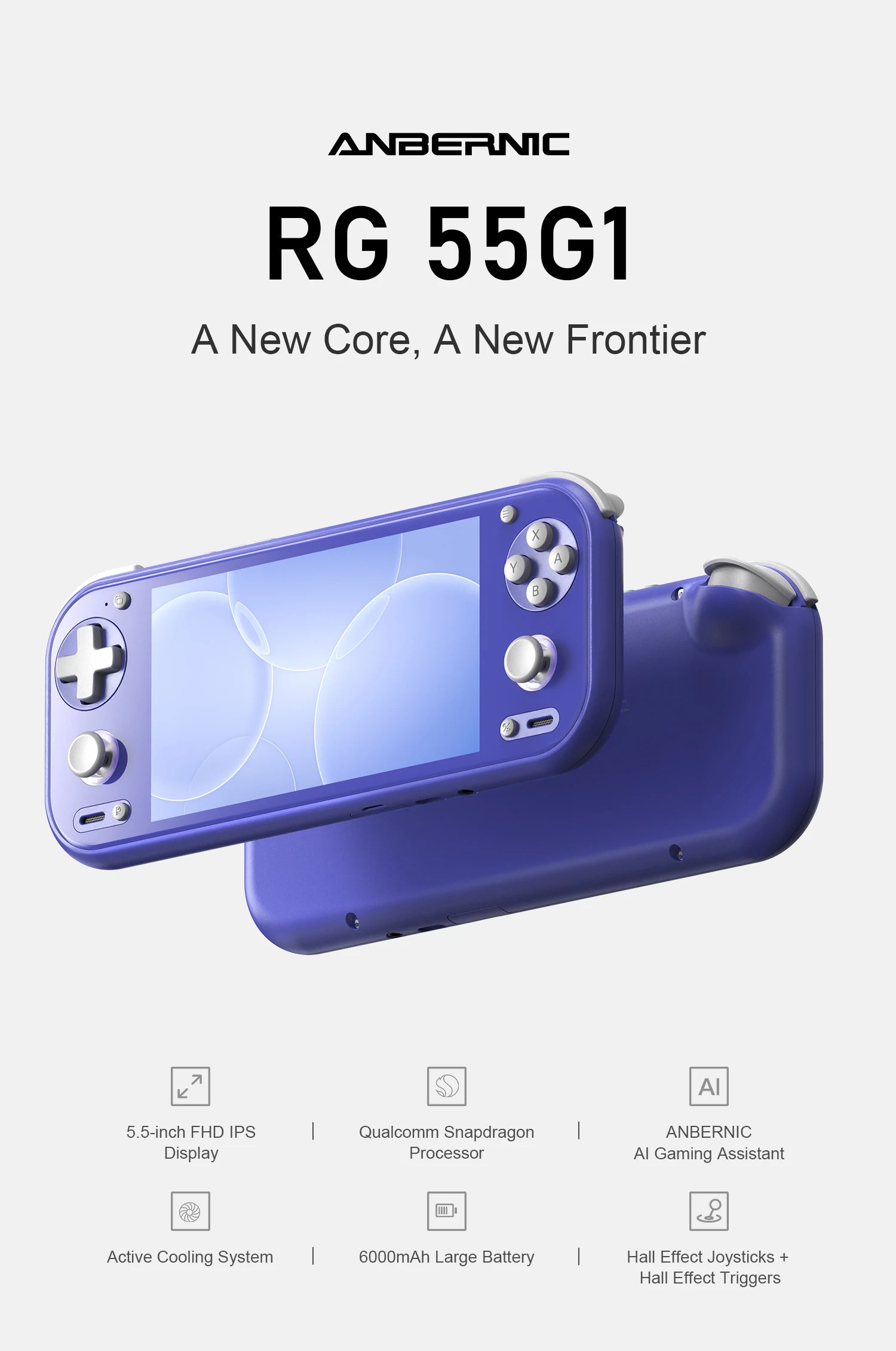 Purple ANBERNIC RG55G1 handheld console, front with lit screen and rear view plus spec icons