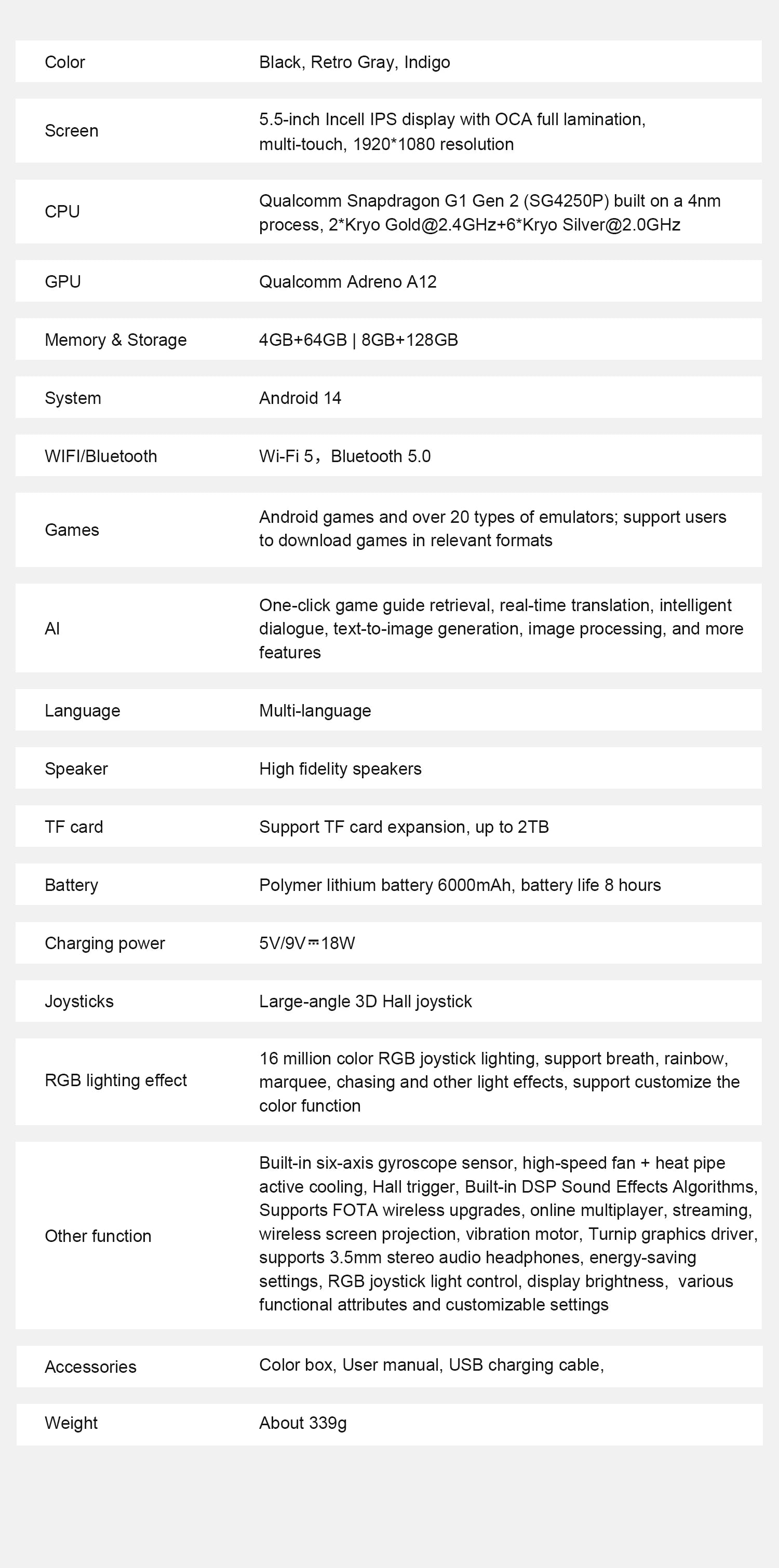 Black handheld gaming console with large screen, D-pad, analog stick, face buttons and RGB lighting