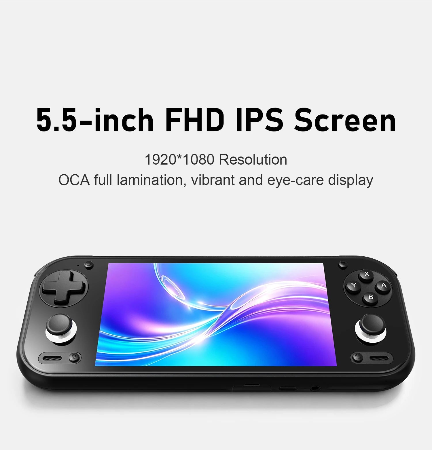 ANBERNIC RG55G1 handheld with 5.5-inch FHD IPS screen, 1920x1080, OCA lamination, and colorful display