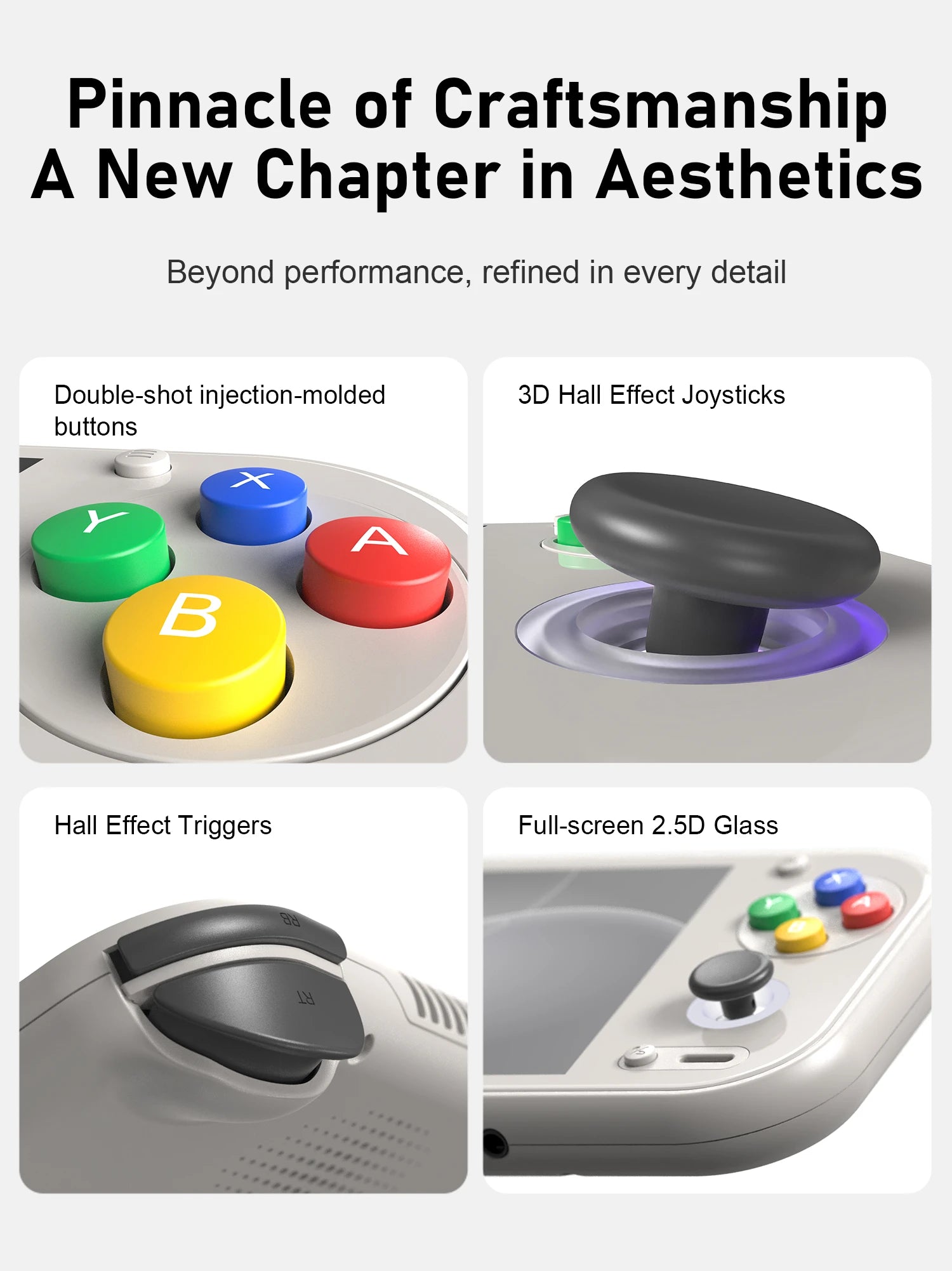 Handheld console features: double-shot ABXY buttons, 3D Hall Effect joystick, Hall Effect triggers, 2.5D glass screen.
