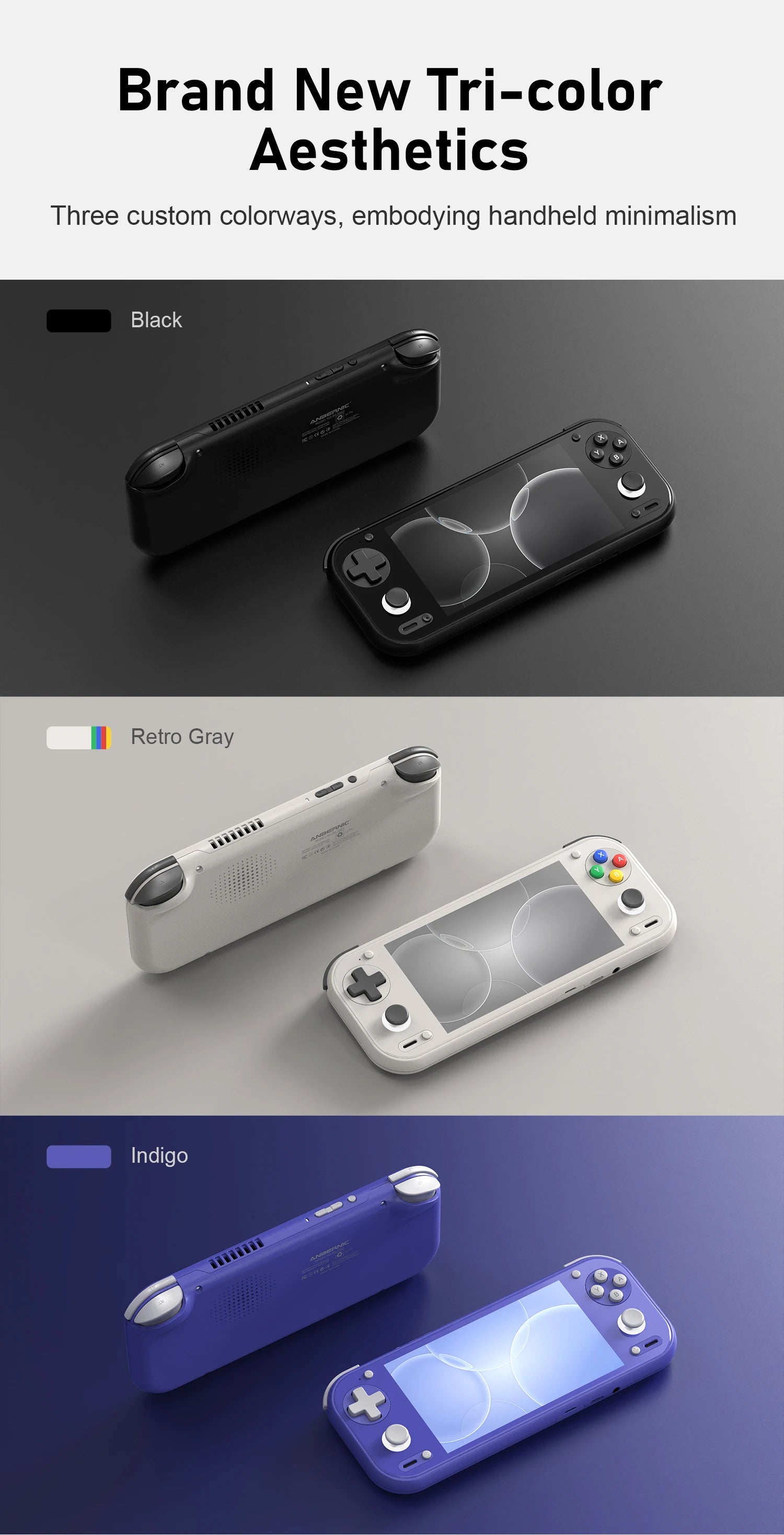 Handheld devices in black, retro gray, and indigo colors, shown from back and front views