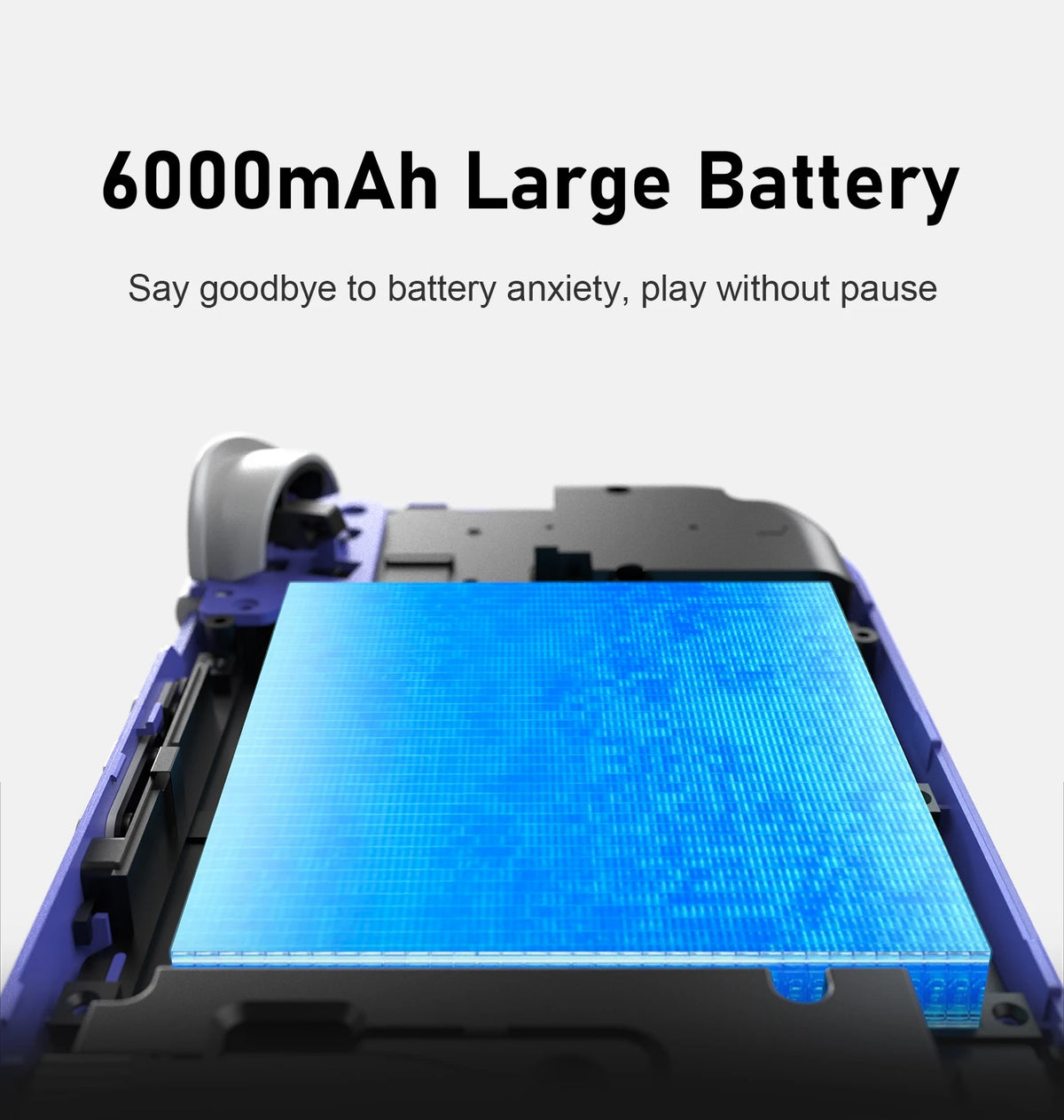 Opened purple handheld console revealing a large highlighted 6000mAh blue battery