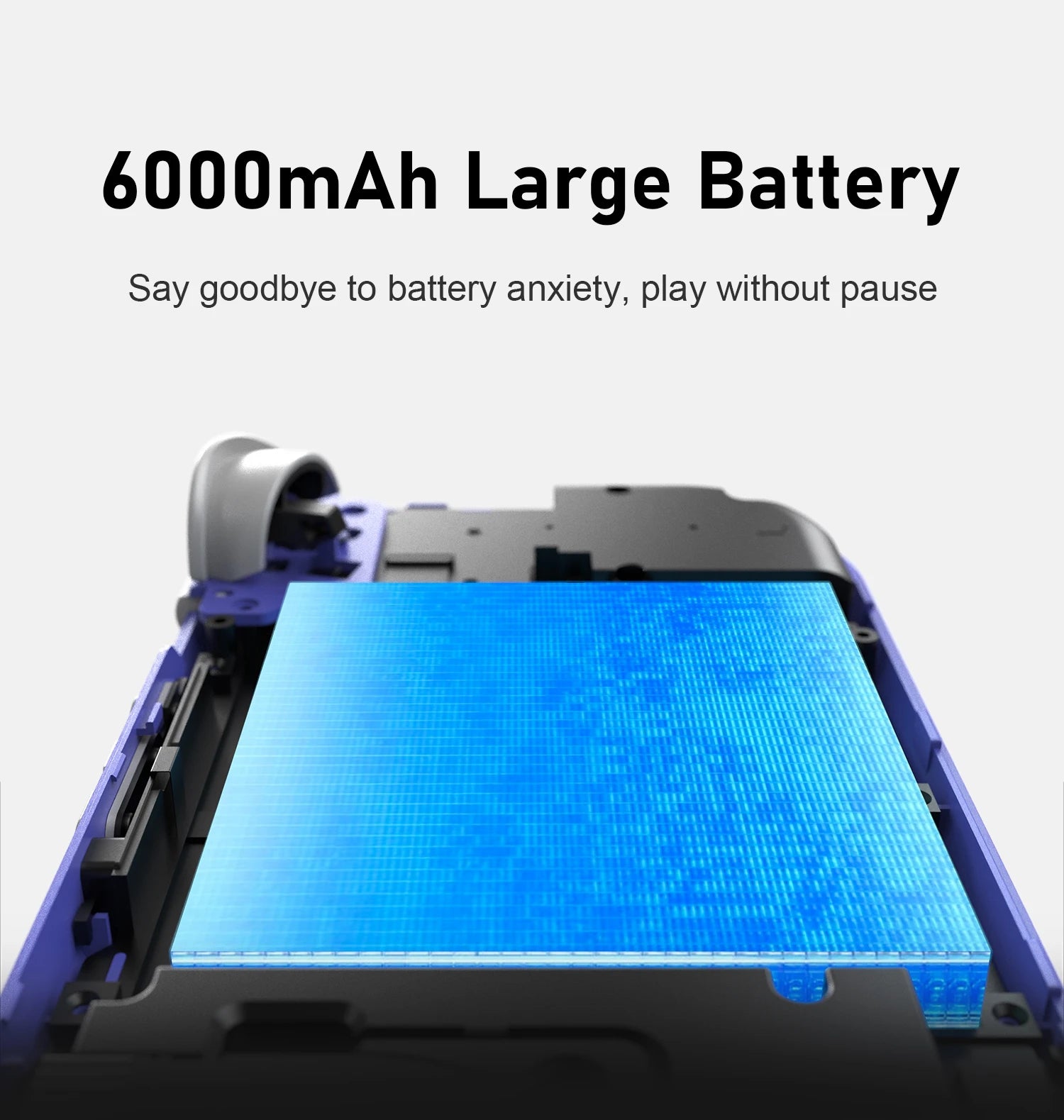 Opened purple handheld console revealing a large highlighted 6000mAh blue battery