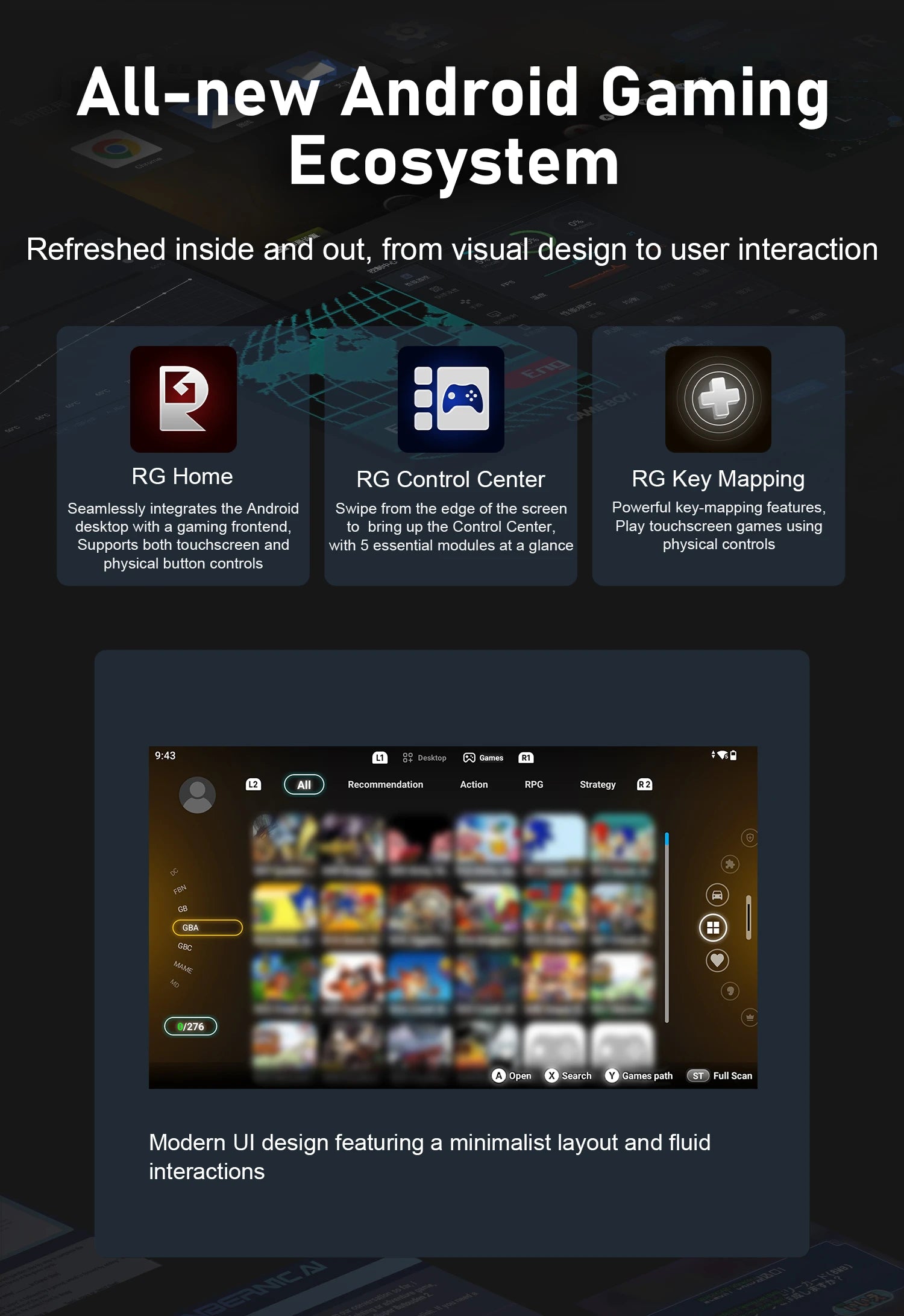 All-new Android Gaming Ecosystem featuring RG Home, RG Control Center, RG Key Mapping and a modern game library UI