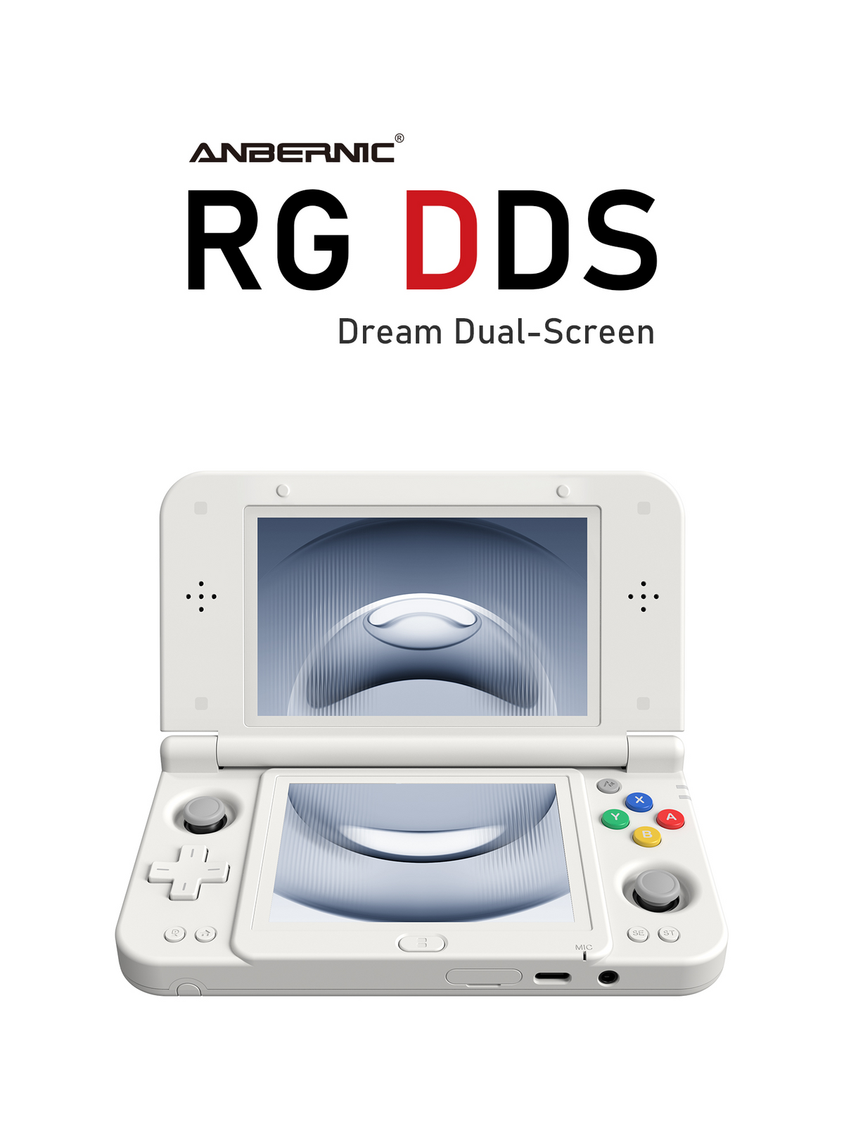 An open white Anbernic RG DDS clamshell handheld console with two screens displaying a blue-gray wallpaper, dual analog sticks, a directional pad, and colored X, Y, A and B buttons. Above the console, the heading reads “RG DDS” and “Dream Dual-Screen.”