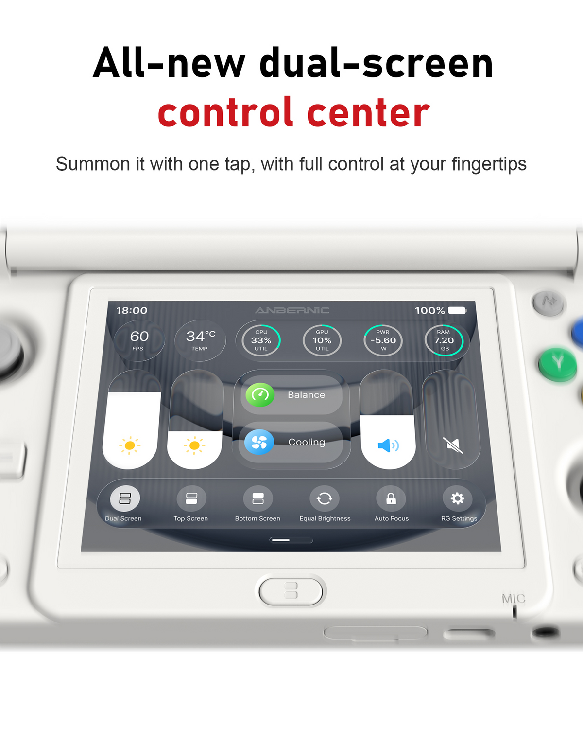 Close-up of a white handheld gaming device displaying a dual-screen control center with performance gauges, two brightness sliders, volume and mute controls, and Balance and Cooling buttons. Bottom shortcuts include dual, top and bottom screen modes, equal brightness, auto focus and settings; the heading describes one-tap access.