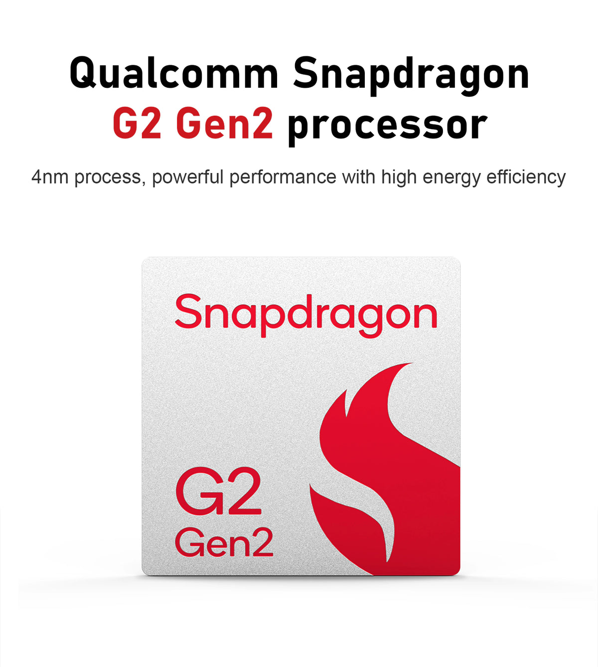 A silver square chip illustration with red Snapdragon branding, a flame logo, and “G2 Gen2” appears beneath a Qualcomm Snapdragon G2 Gen2 processor heading. The text specifies a 4 nm process and describes powerful performance with high energy efficiency.
