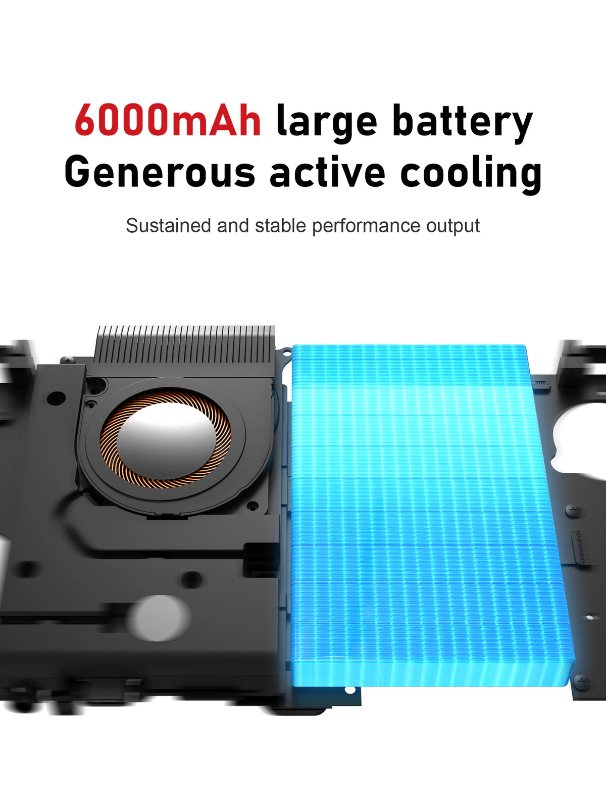 Internal component illustration showing a circular cooling fan and finned heat sink on the left beside a large blue-highlighted battery on the right. Visible text specifies a 6000 mAh battery and active cooling.