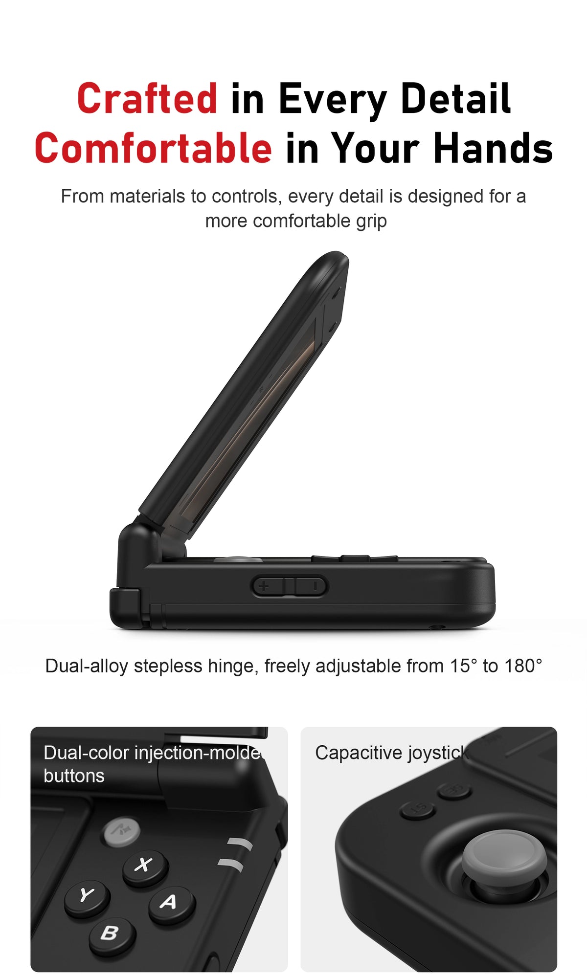 A black clamshell handheld gaming device is shown from the side with its screen open, above close-ups of the X, Y, A and B buttons and a gray joystick. Labels identify dual-color injection-molded buttons, a capacitive joystick and a dual-alloy stepless hinge adjustable from 15° to 180°.