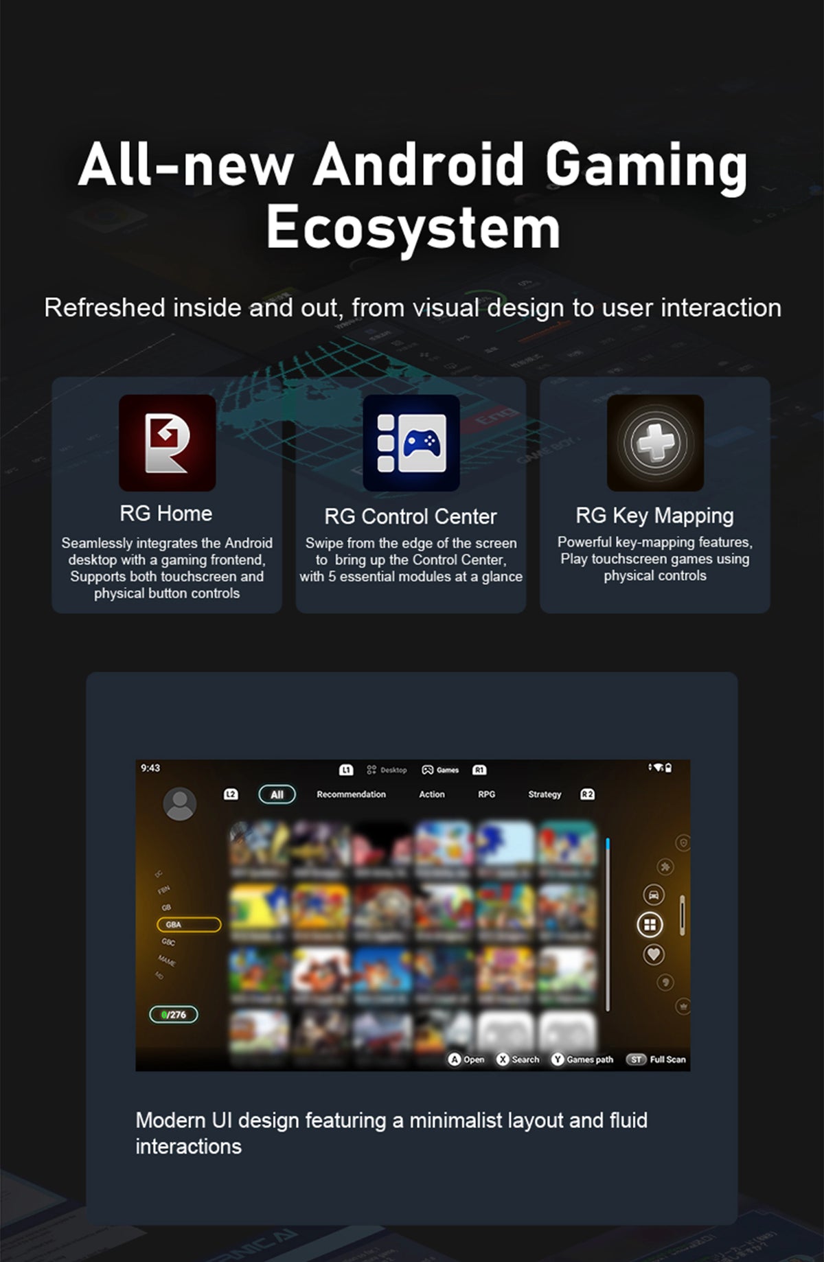 Android gaming interface overview with three icon panels for RG Home, RG Control Center and RG Key Mapping above a screenshot of a game library with category tabs and a thumbnail grid. Visible text describes touchscreen and physical button controls, an edge-swipe Control Center with five modules, and key mapping for playing touchscreen games with physical controls.