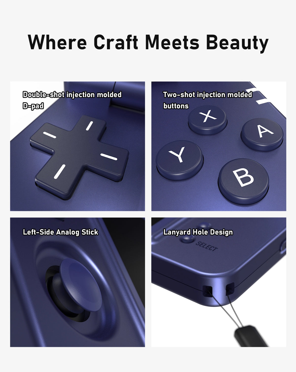 Close-ups of a blue handheld console's D-pad, X/Y/A/B buttons, left analog stick, and lanyard attachment holes.