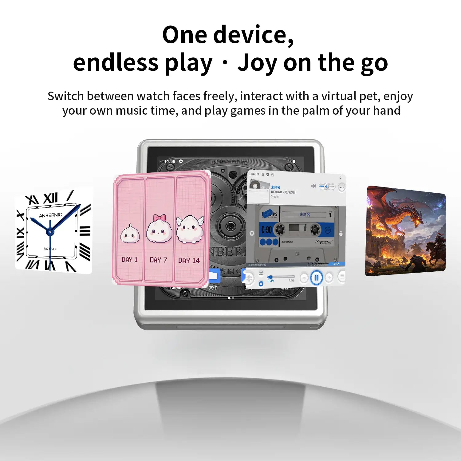 Multi-function screen interface display of the RG Rotate. The tiled layout includes a clock face, virtual pet interface, music player interface, and game running screen.