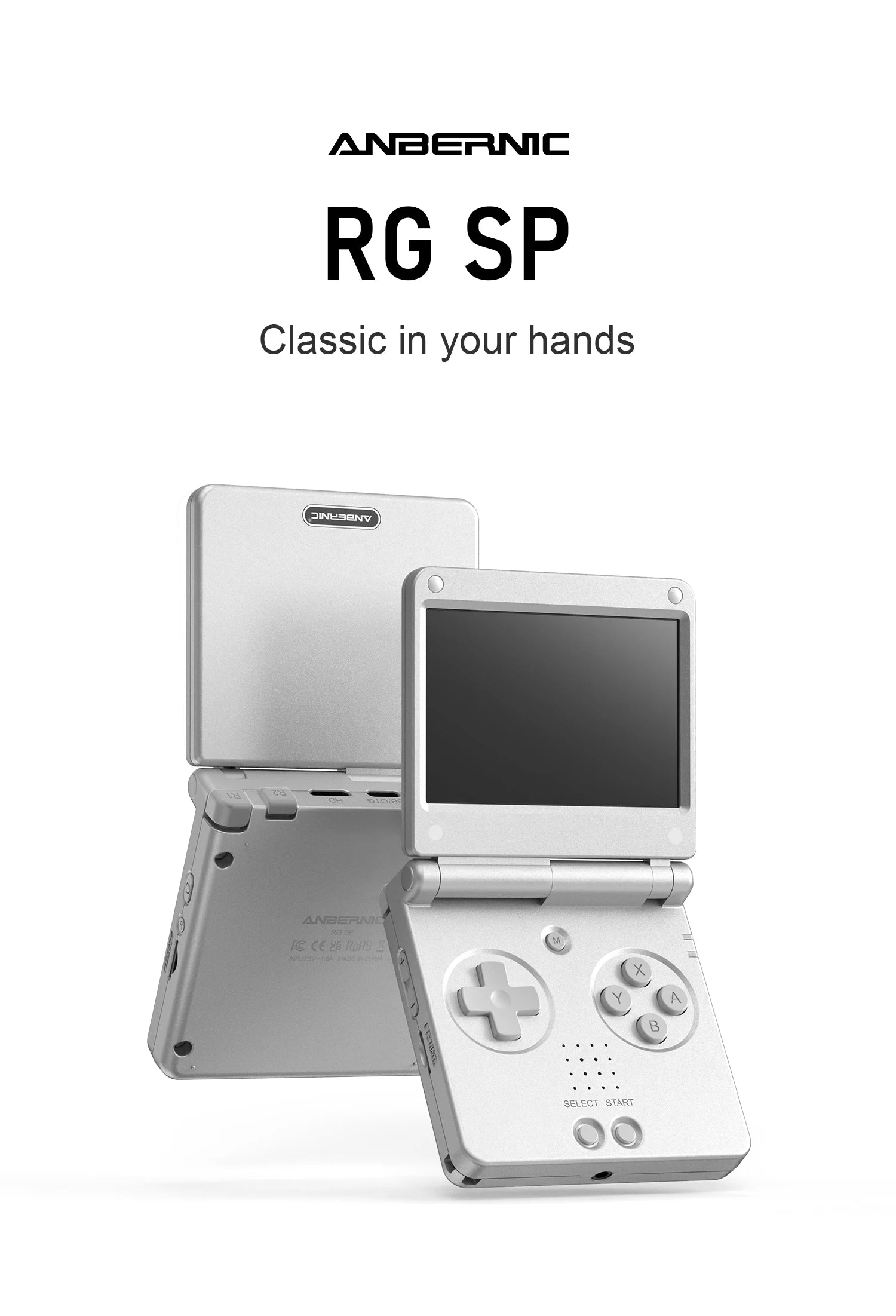 ANBERNIC RG SP silver clamshell handheld game console shown open and closed