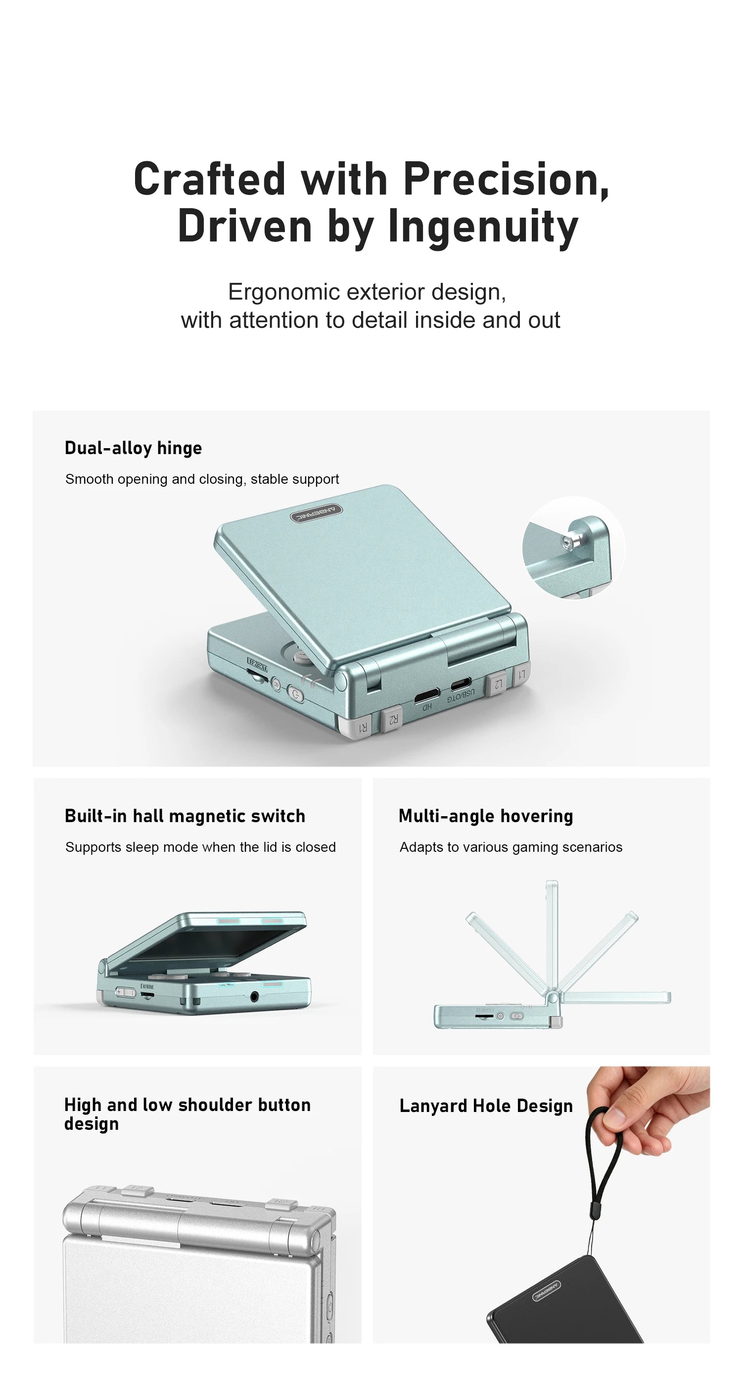 Foldable handheld gaming device feature graphic showing hinge, magnetic switch, multi-angle positions, buttons, and lanyard
