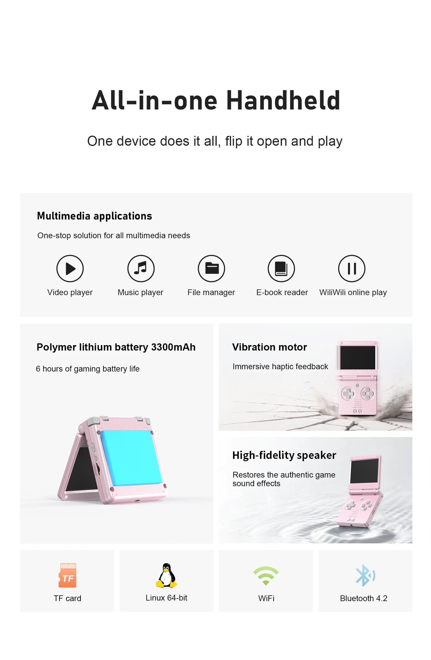 Pink flip handheld console infographic with multimedia apps, battery, vibration, speaker, TF card, Linux, Wi-Fi, Bluetooth