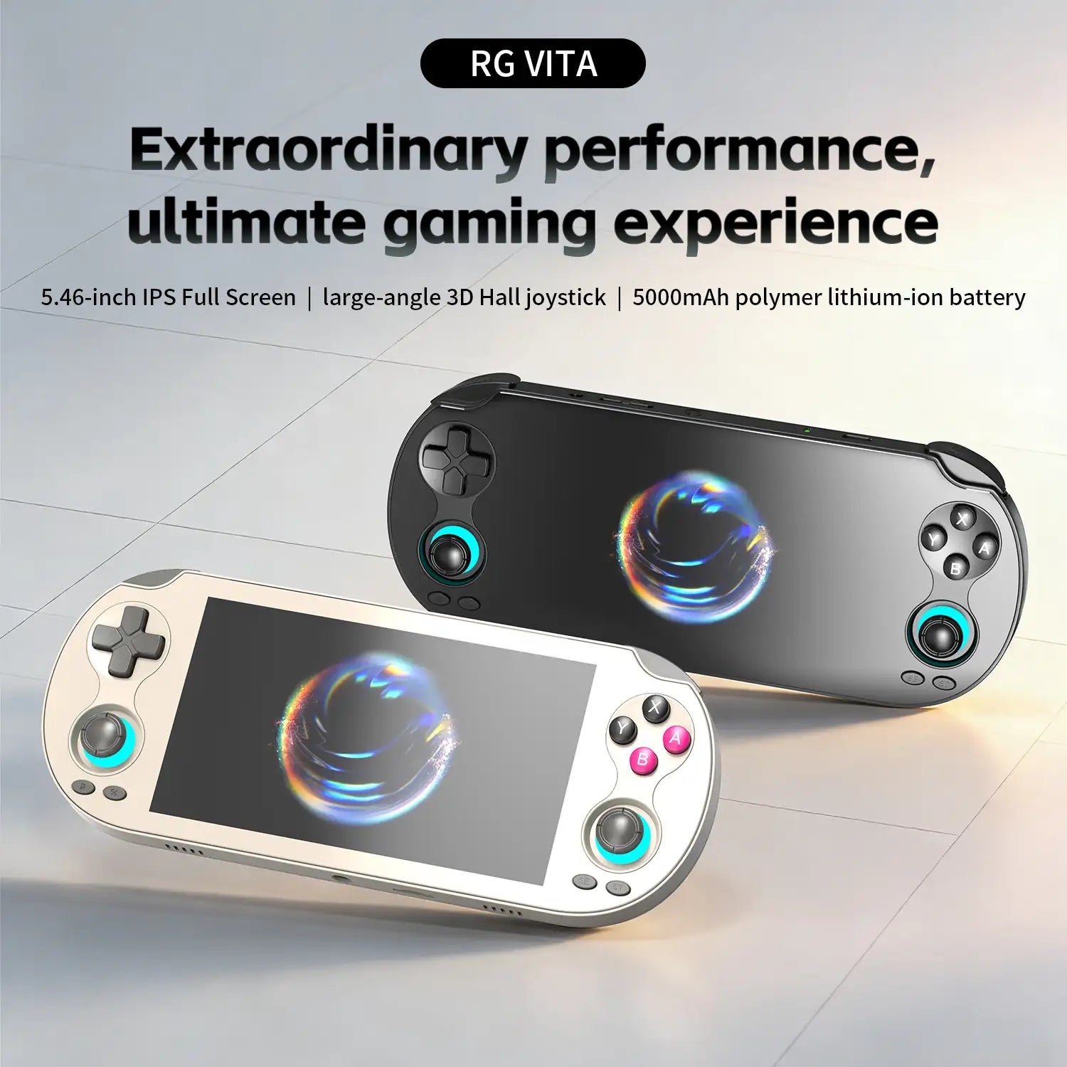 RG Vita handheld game console, featuring a 5.46-inch IPS screen and Hall joysticks, available in white and black colors.