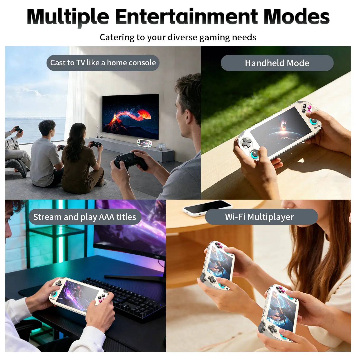 Multiple gaming modes for RG Vita, demonstrating handheld play, TV casting, AAA titles streaming, and Wi-Fi multiplayer.