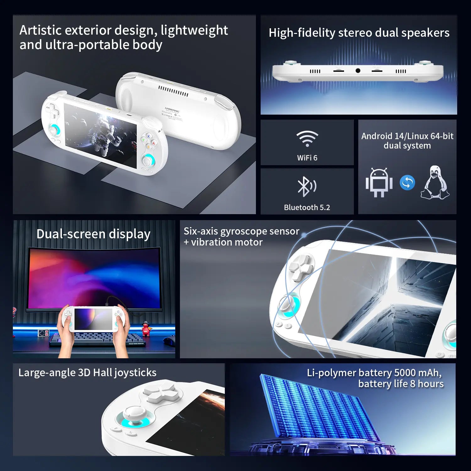 Handheld console features: Hall joysticks 5000mAh battery WiFi 6